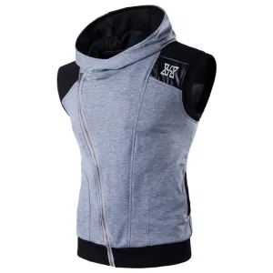 Oblique Zipper Sleeveless Hooded Workout Vest