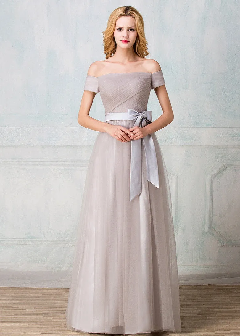 Off-shoulder floor-length tulle long prom dress