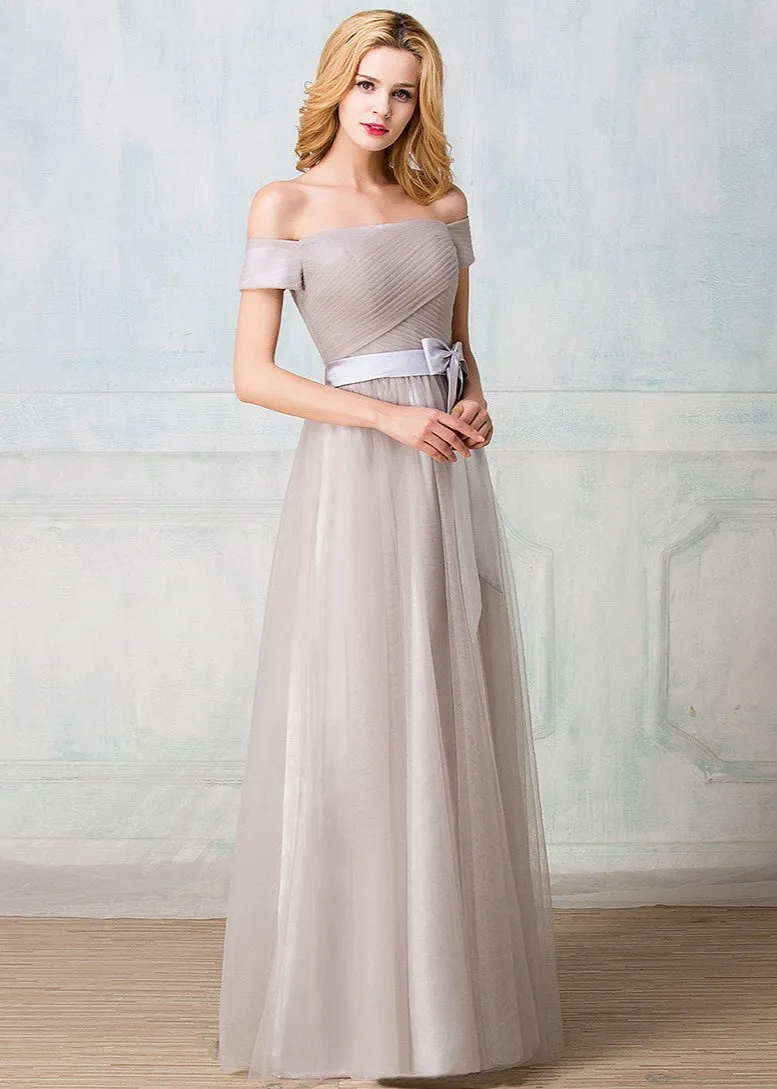 Off-shoulder floor-length tulle long prom dress