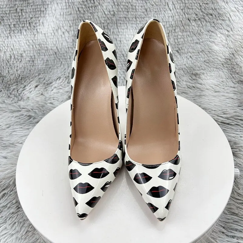 Pre Order:  Black Lips Printed Patent Pointed-Toe Shoes