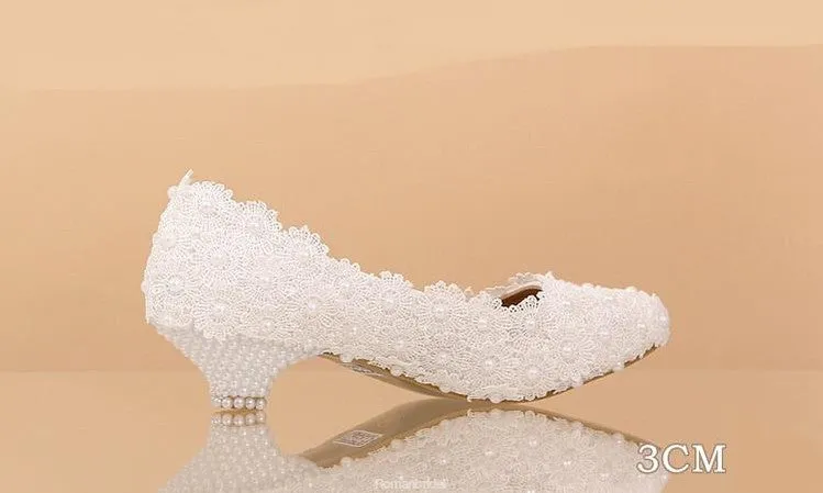 Pregnant Flat Heels Pearls Lace Pointed Toe White Wedding Bridal Shoes, S017