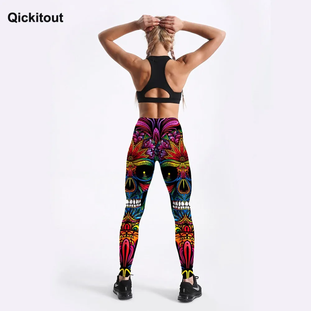 QICKITOUT  Women's Workout Fitness Active Wear Leggings in Skull & Kaleidoscope Print