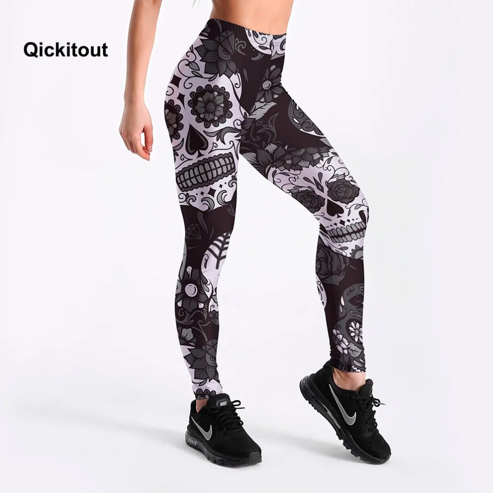 QICKITOUT  Women's Workout Fitness Active Wear Leggings in Sugar Skull Print