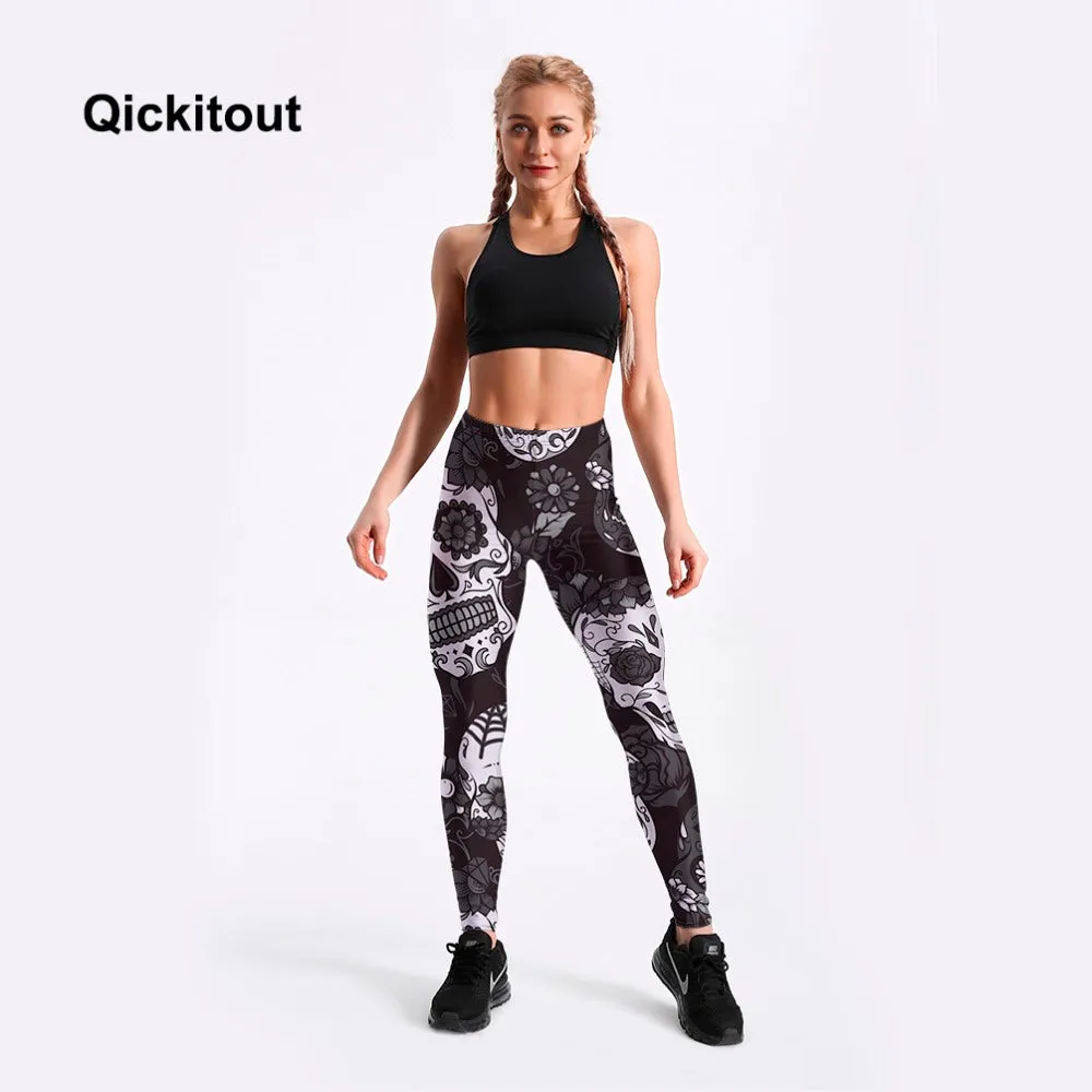 QICKITOUT  Women's Workout Fitness Active Wear Leggings in Sugar Skull Print