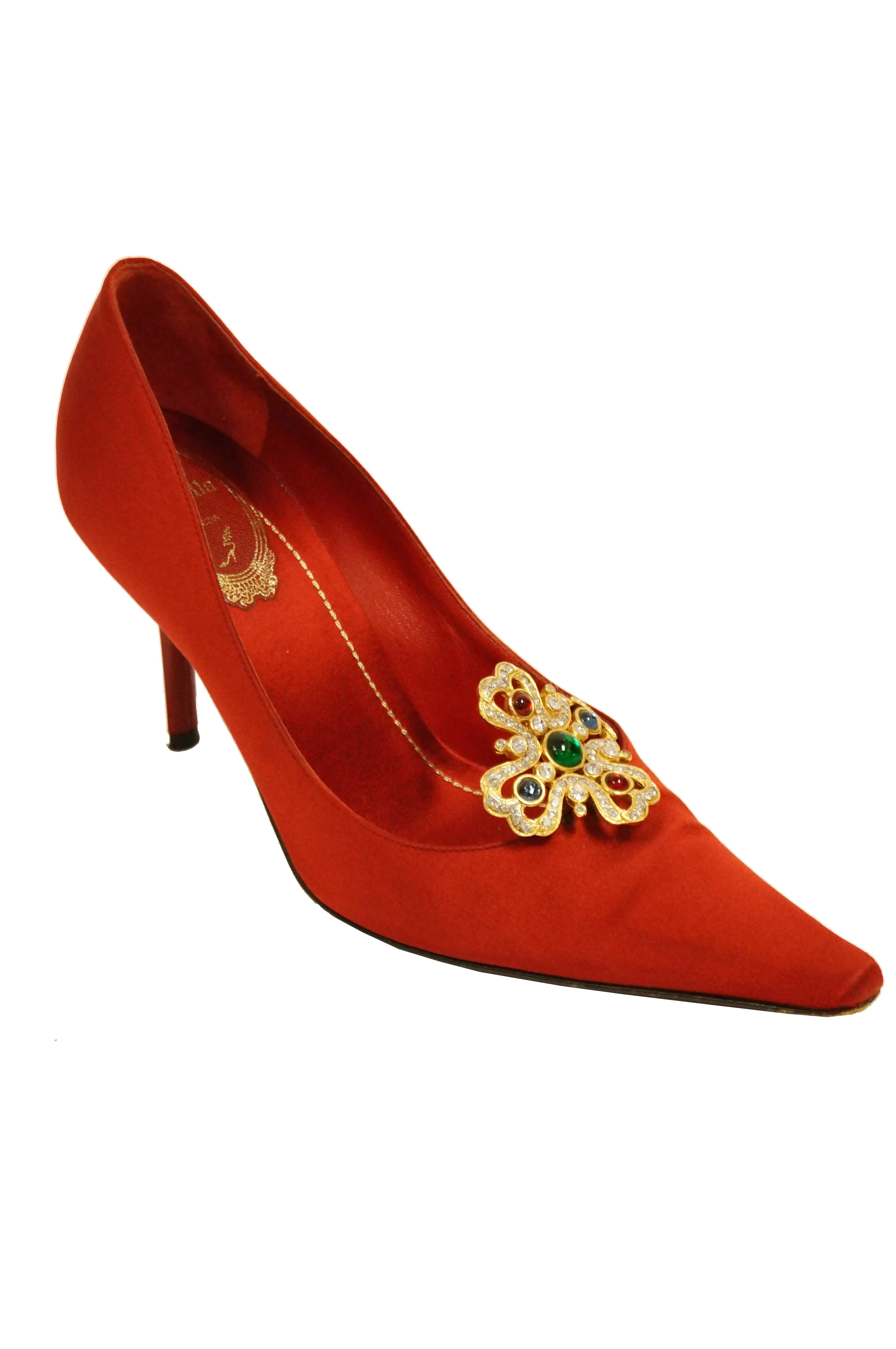 Rene Caovilla Red Satin Pointed Heels with Gold and Rhinestone Accent