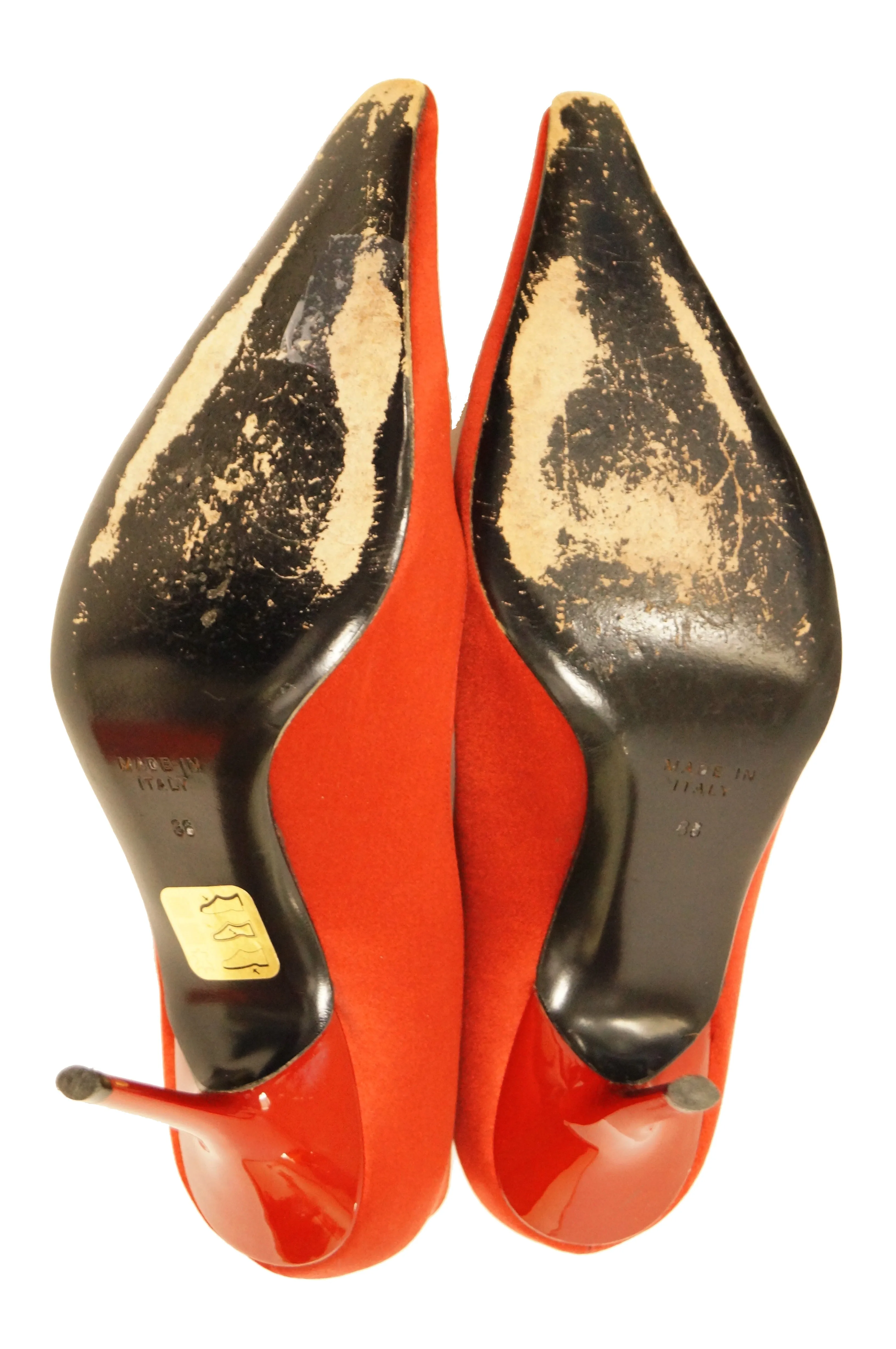 Rene Caovilla Red Satin Pointed Heels with Gold and Rhinestone Accent