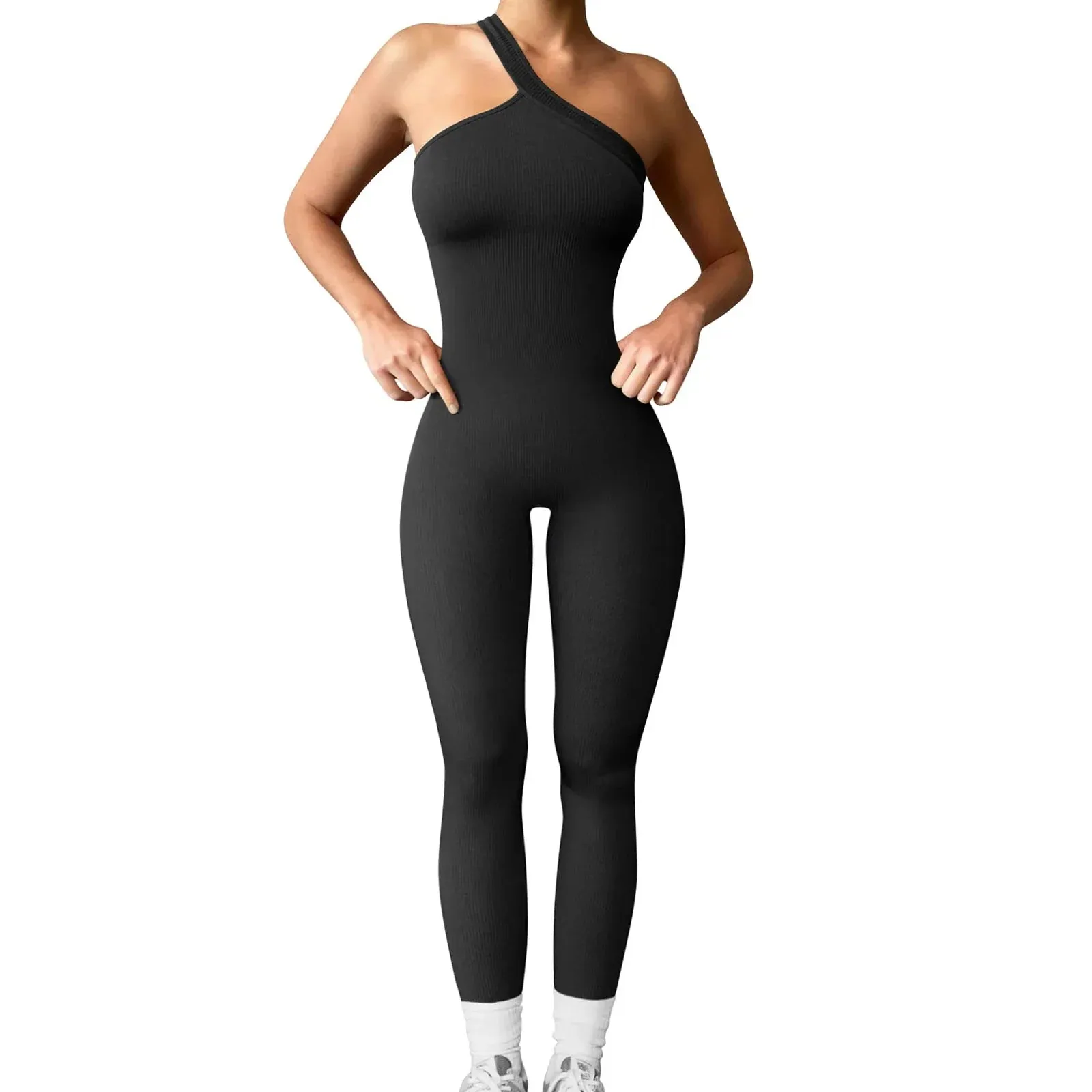 Ribbed One Shoulder Sleeveless Sporty Workout Comfy Sleek Yoga Romper