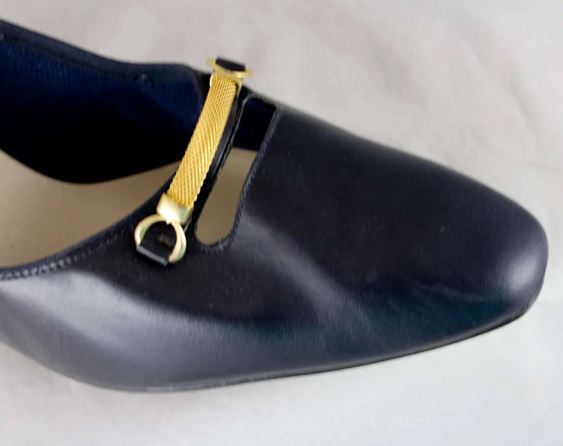 Size 8.5 Navy Shoes - 1950s 1960s Dark Blue Heels by Cotillion - 60s Unworn Deadstock - Leather & Brass Metal Buckle Bit Trim - 8 1/2 B