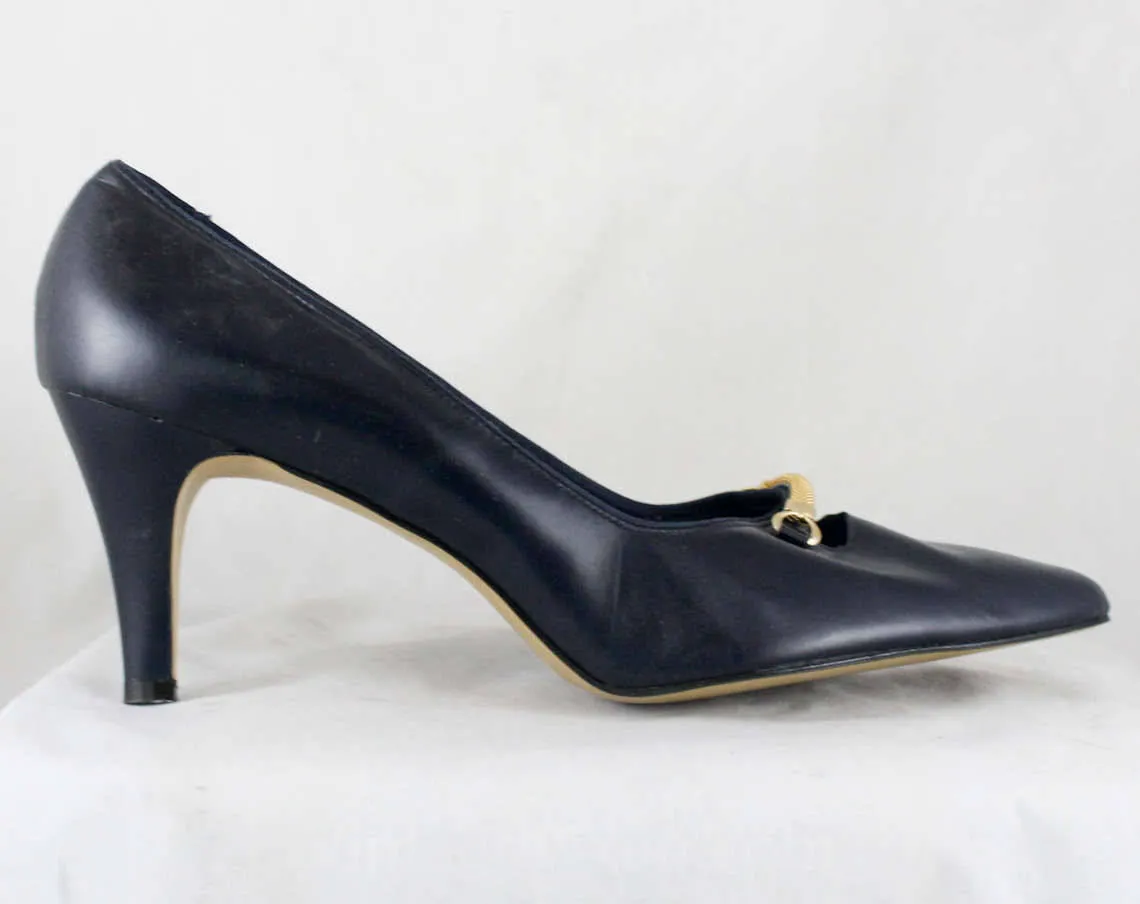 Size 8.5 Navy Shoes - 1950s 1960s Dark Blue Heels by Cotillion - 60s Unworn Deadstock - Leather & Brass Metal Buckle Bit Trim - 8 1/2 B