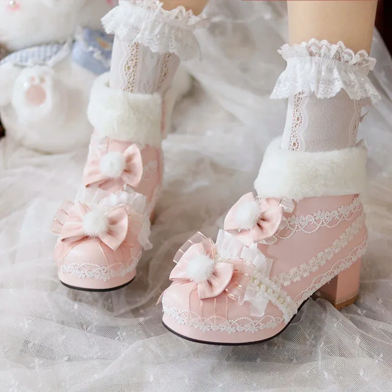 Sohiwoo Original Lolita Cute Plush Ball Plush Warm Short Boots Lolita Shoes Sweet PU Girls' Shoes