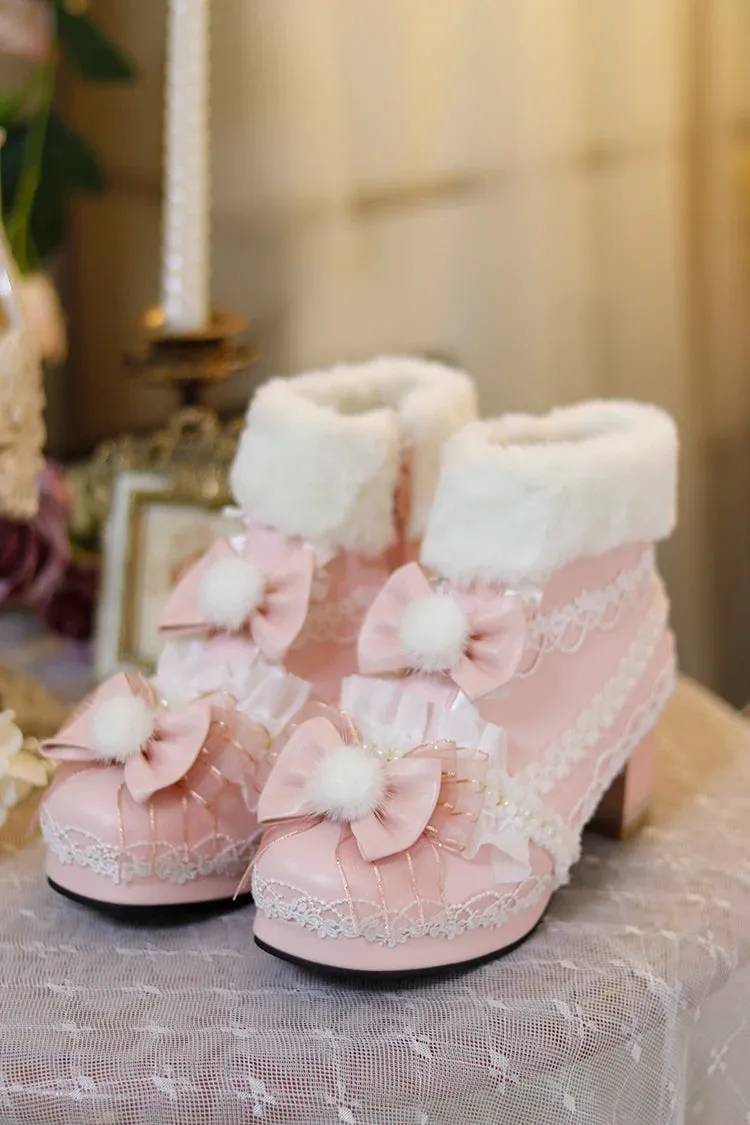 Sohiwoo Original Lolita Cute Plush Ball Plush Warm Short Boots Lolita Shoes Sweet PU Girls' Shoes