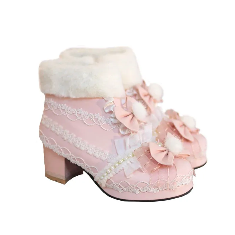 Sohiwoo Original Lolita Cute Plush Ball Plush Warm Short Boots Lolita Shoes Sweet PU Girls' Shoes