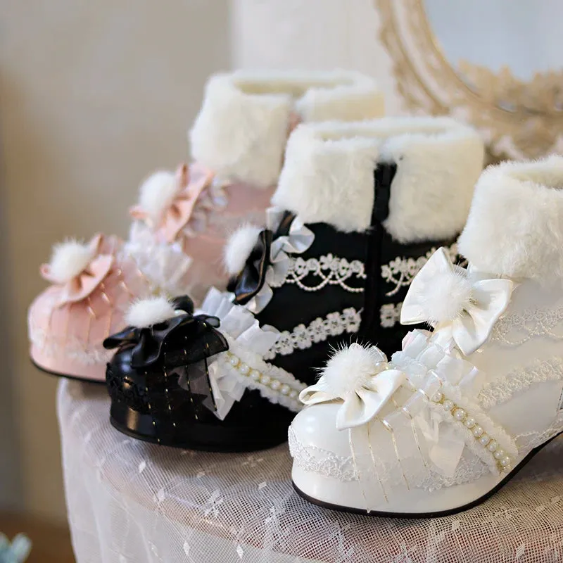 Sohiwoo Original Lolita Cute Plush Ball Plush Warm Short Boots Lolita Shoes Sweet PU Girls' Shoes