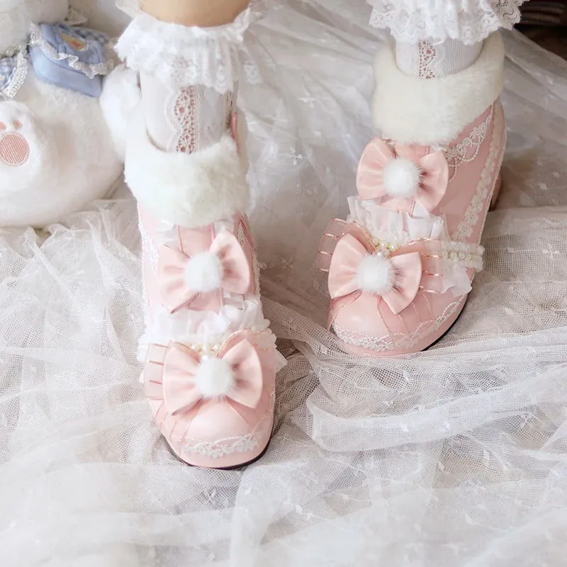 Sohiwoo Original Lolita Cute Plush Ball Plush Warm Short Boots Lolita Shoes Sweet PU Girls' Shoes