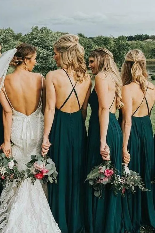 Straps Dark Green Long Bridesmaid Dress with Criss Cross Back  BD076