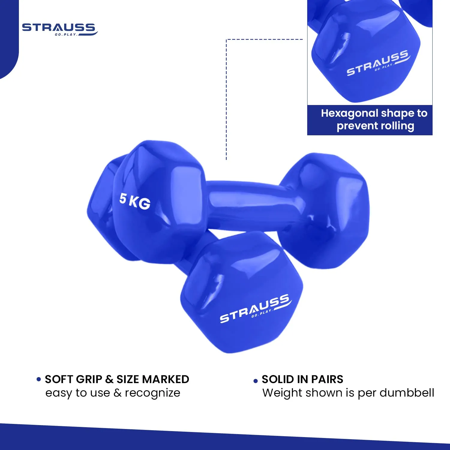 Strauss Premium Vinyl Dumbbells Weight for Men & Women | 5 Kg (Each) | 10 Kg (Pair) | Ideal for Home Workout , Yoga, Pilates, Gym Exercises | Non-Slip, Easy to Hold, Scratch Resistant (Blue)m Exercises (Blue)