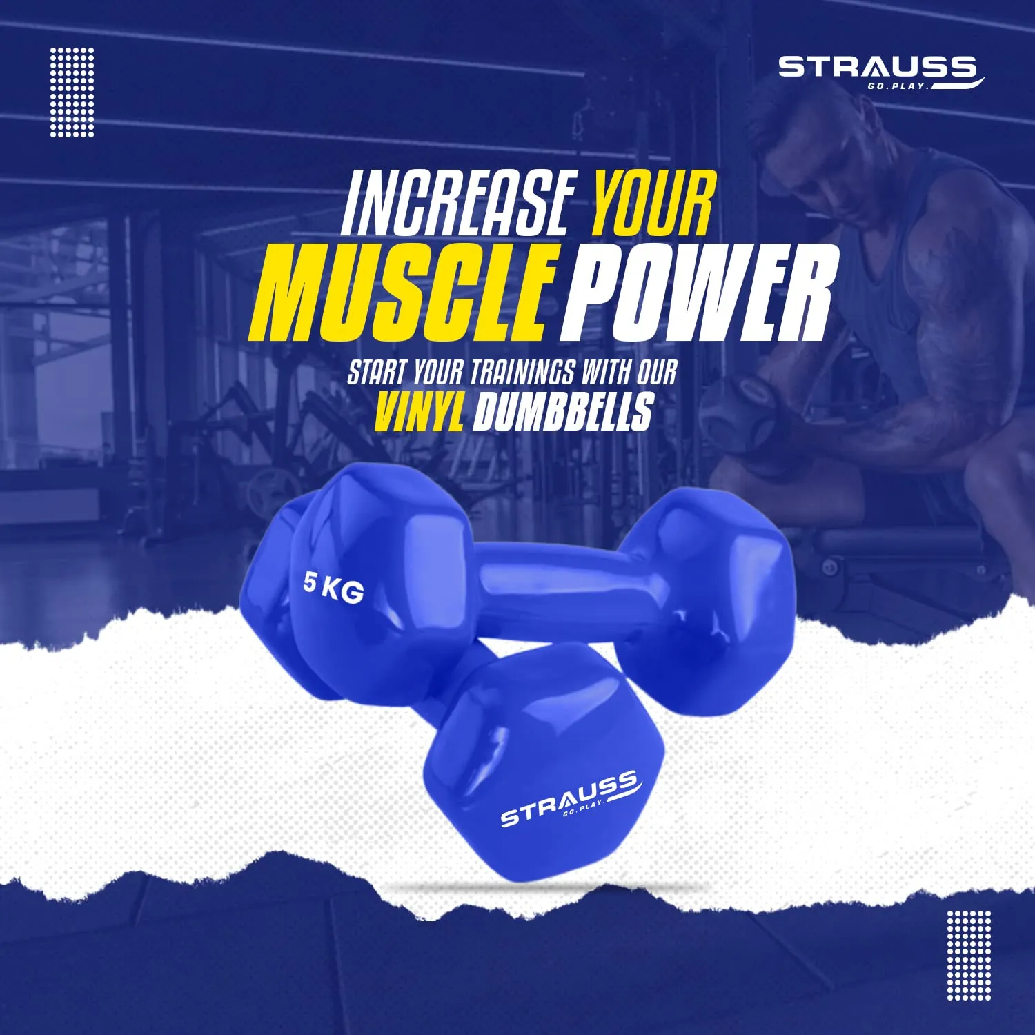 Strauss Premium Vinyl Dumbbells Weight for Men & Women | 5 Kg (Each) | 10 Kg (Pair) | Ideal for Home Workout , Yoga, Pilates, Gym Exercises | Non-Slip, Easy to Hold, Scratch Resistant (Blue)m Exercises (Blue)