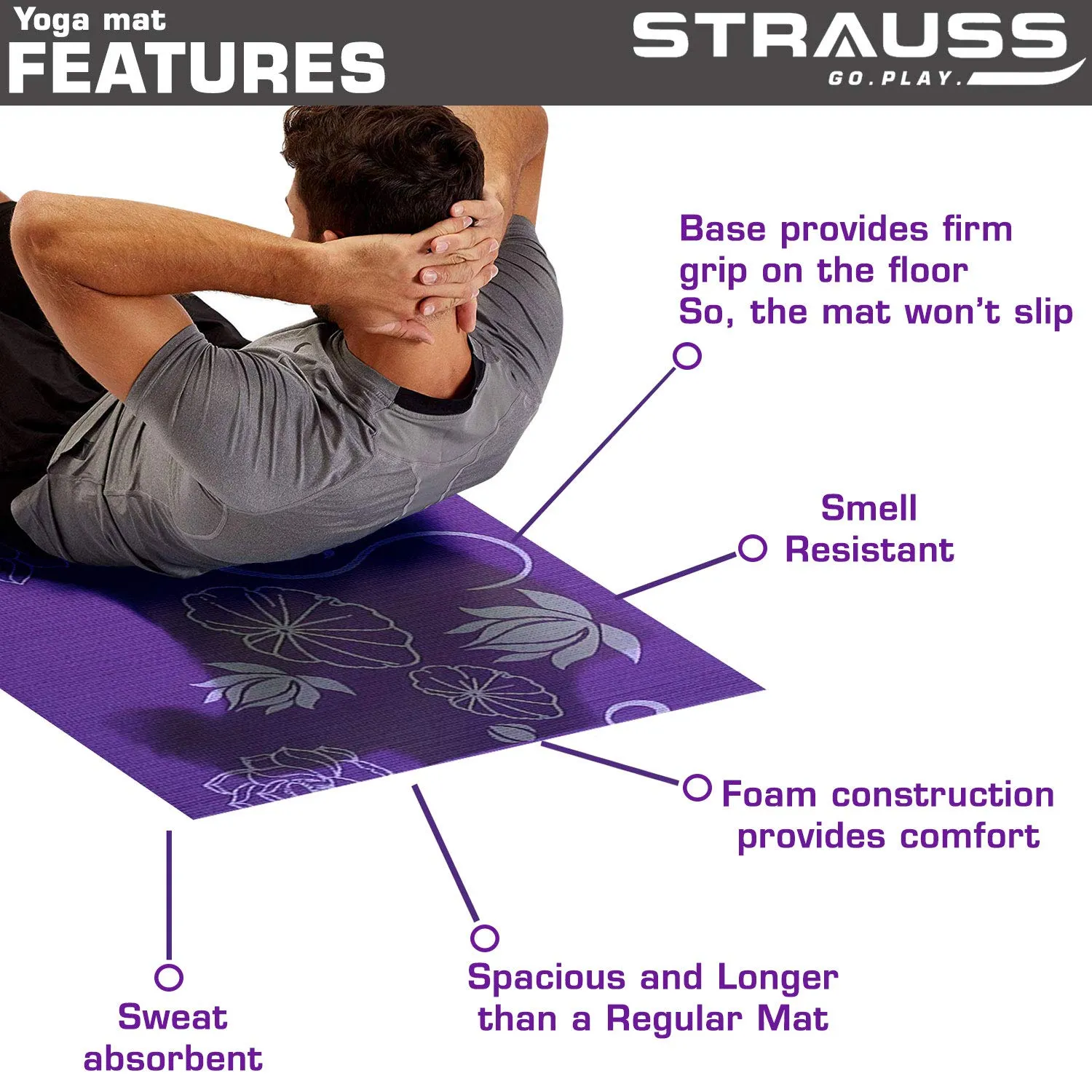 Strauss Yoga Mat 6MM (Floral Green) and Yoga Mat Strap, (Purple)