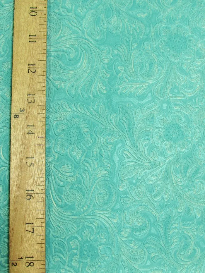 Teal Vintage Western Floral Pu Leather Fabric / Sold By The Yard