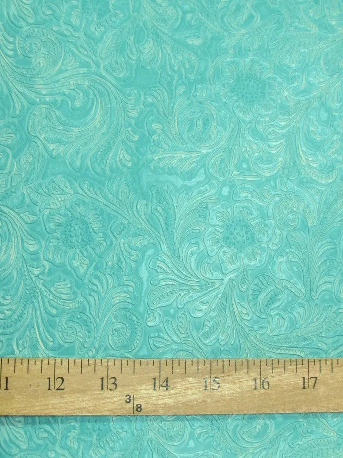 Teal Vintage Western Floral Pu Leather Fabric / Sold By The Yard