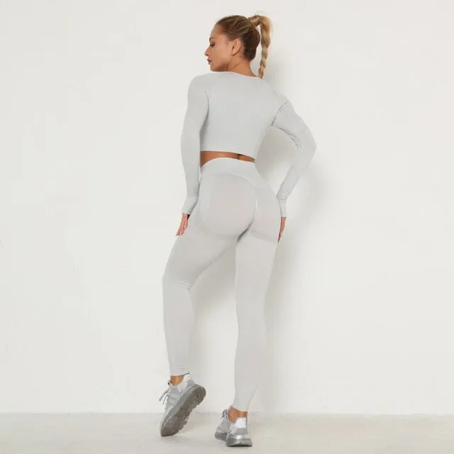 Trendy Workout Seamless Sports Set Includes High Waist Leggings  and Long Sleeve Top