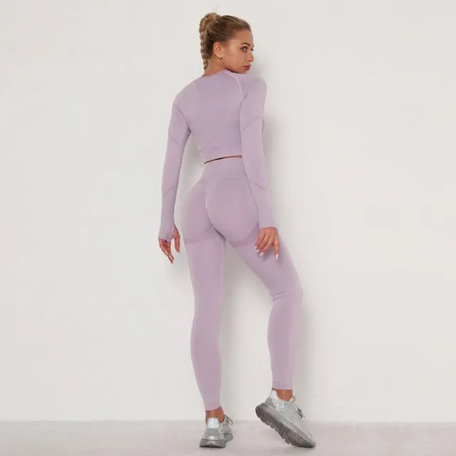 Trendy Workout Seamless Sports Set Includes High Waist Leggings  and Long Sleeve Top