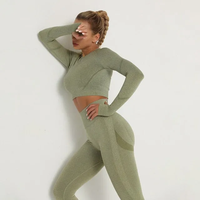 Trendy Workout Seamless Sports Set Includes High Waist Leggings  and Long Sleeve Top