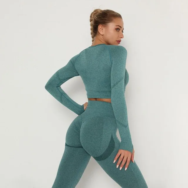 Trendy Workout Seamless Sports Set Includes High Waist Leggings  and Long Sleeve Top