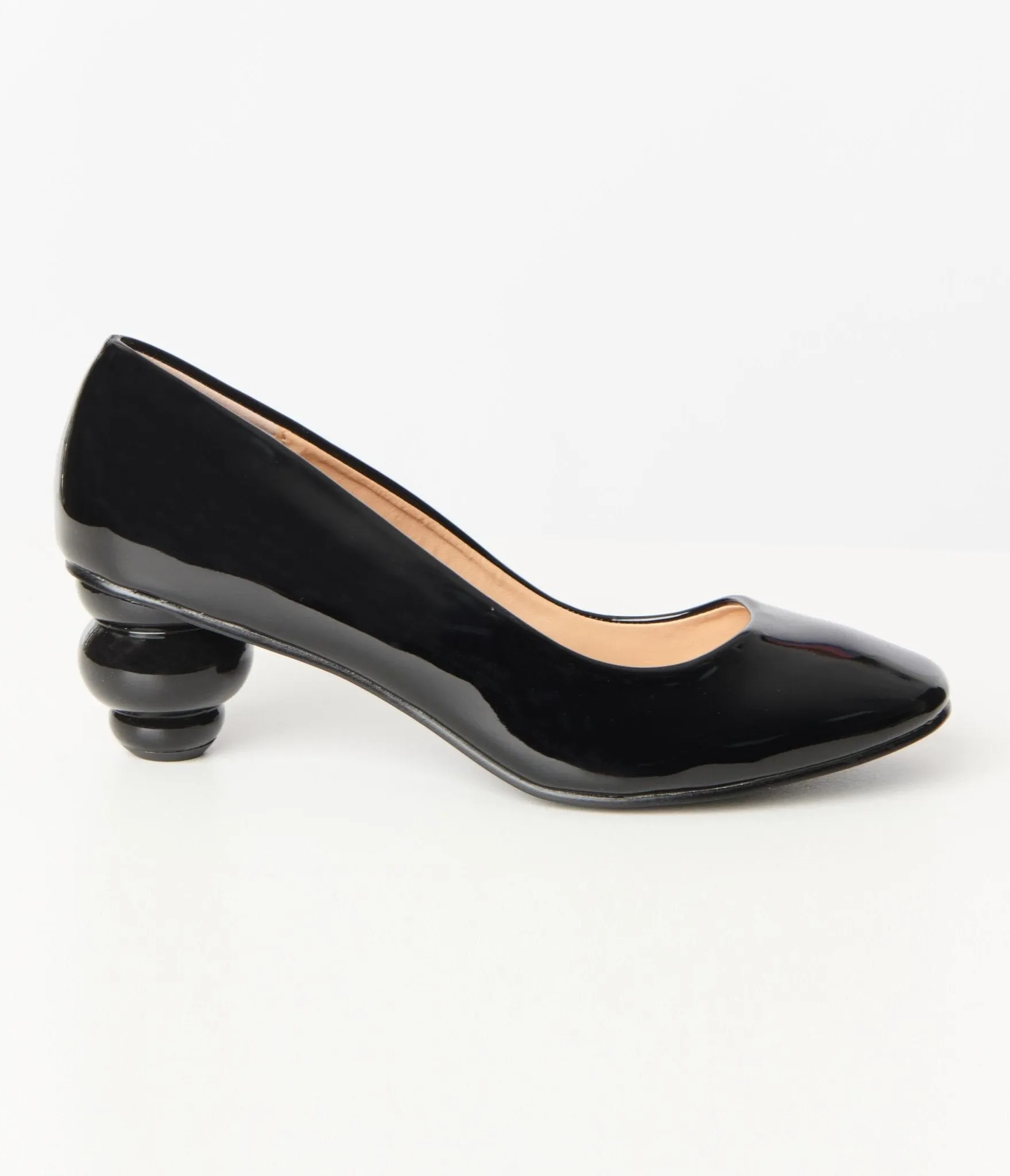 Unique Vintage Black Patent Leatherette Ball Heel Pumps