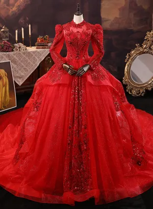 Uniwim Red Tulle Ball Gown Long Sleeves Sequins Wedding Party Dress, Red Tulle Formal Dress