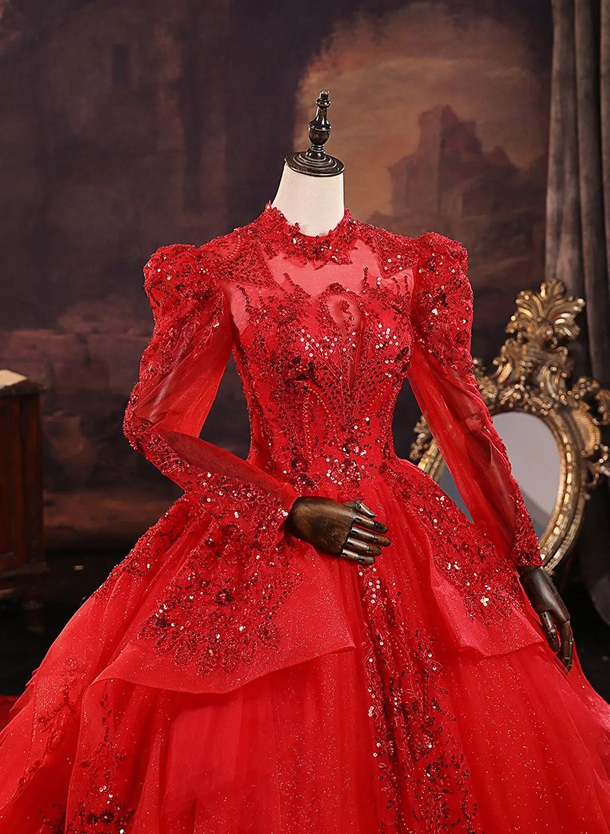 Uniwim Red Tulle Ball Gown Long Sleeves Sequins Wedding Party Dress, Red Tulle Formal Dress