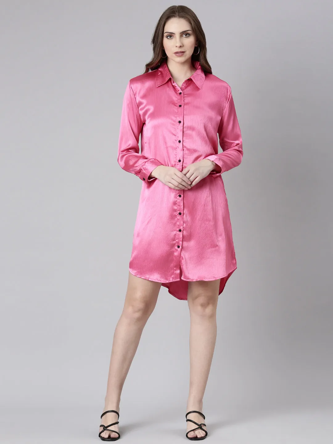 Women Pink Solid Oversized Shirt Style Dress