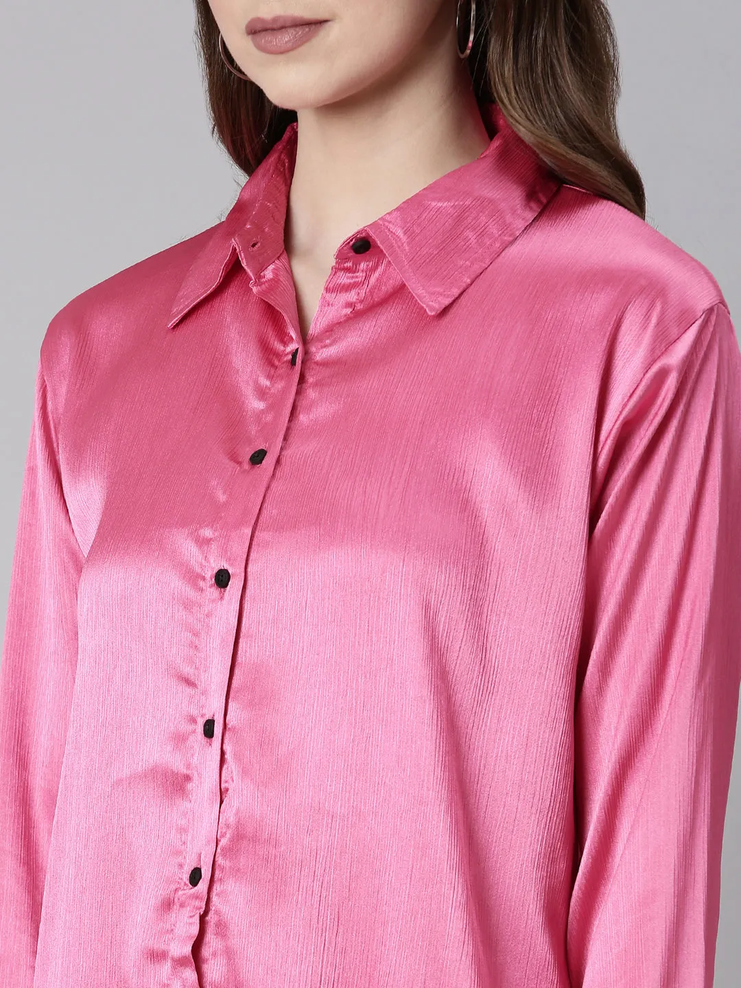 Women Pink Solid Oversized Shirt Style Dress