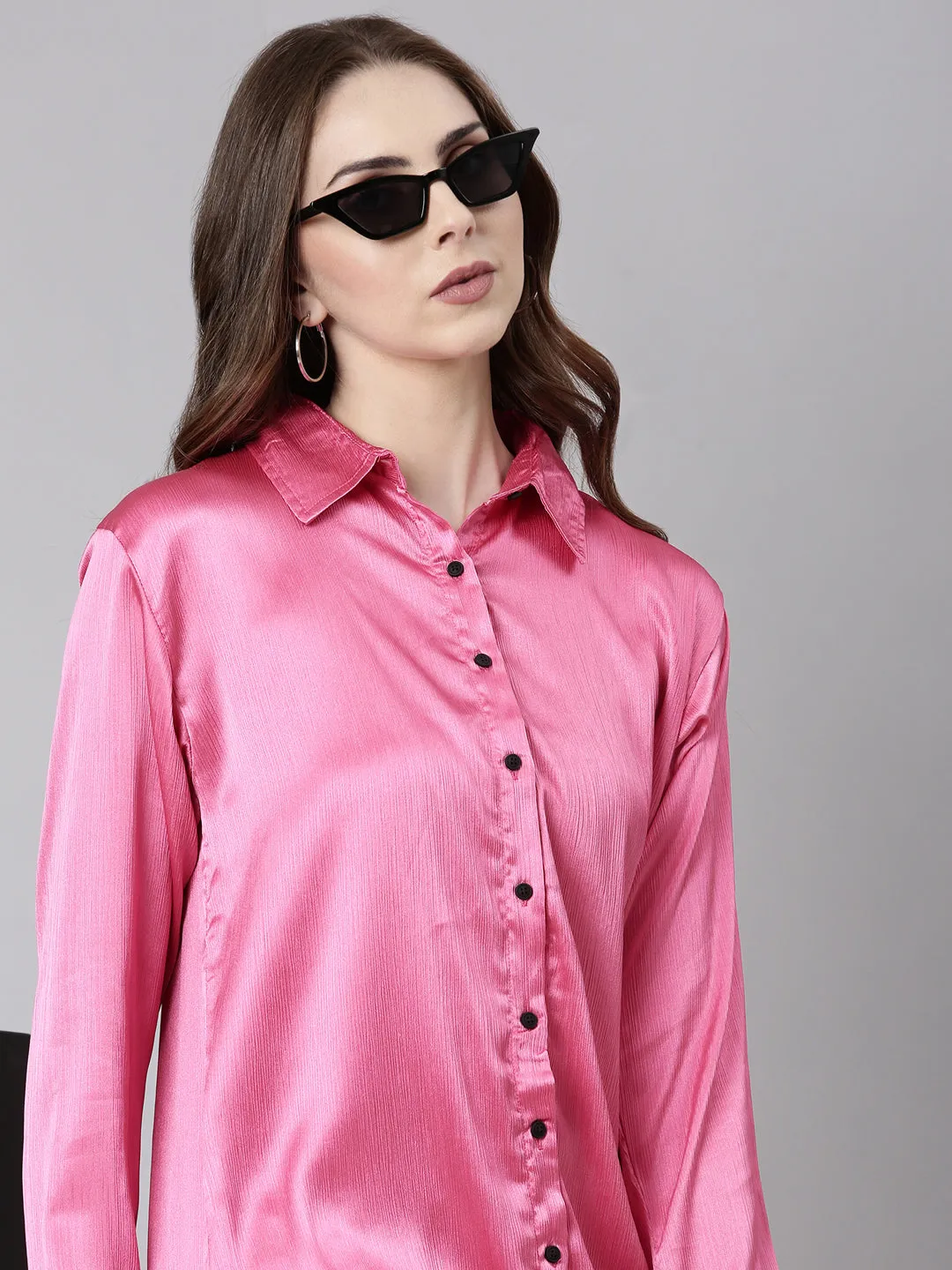 Women Pink Solid Oversized Shirt Style Dress