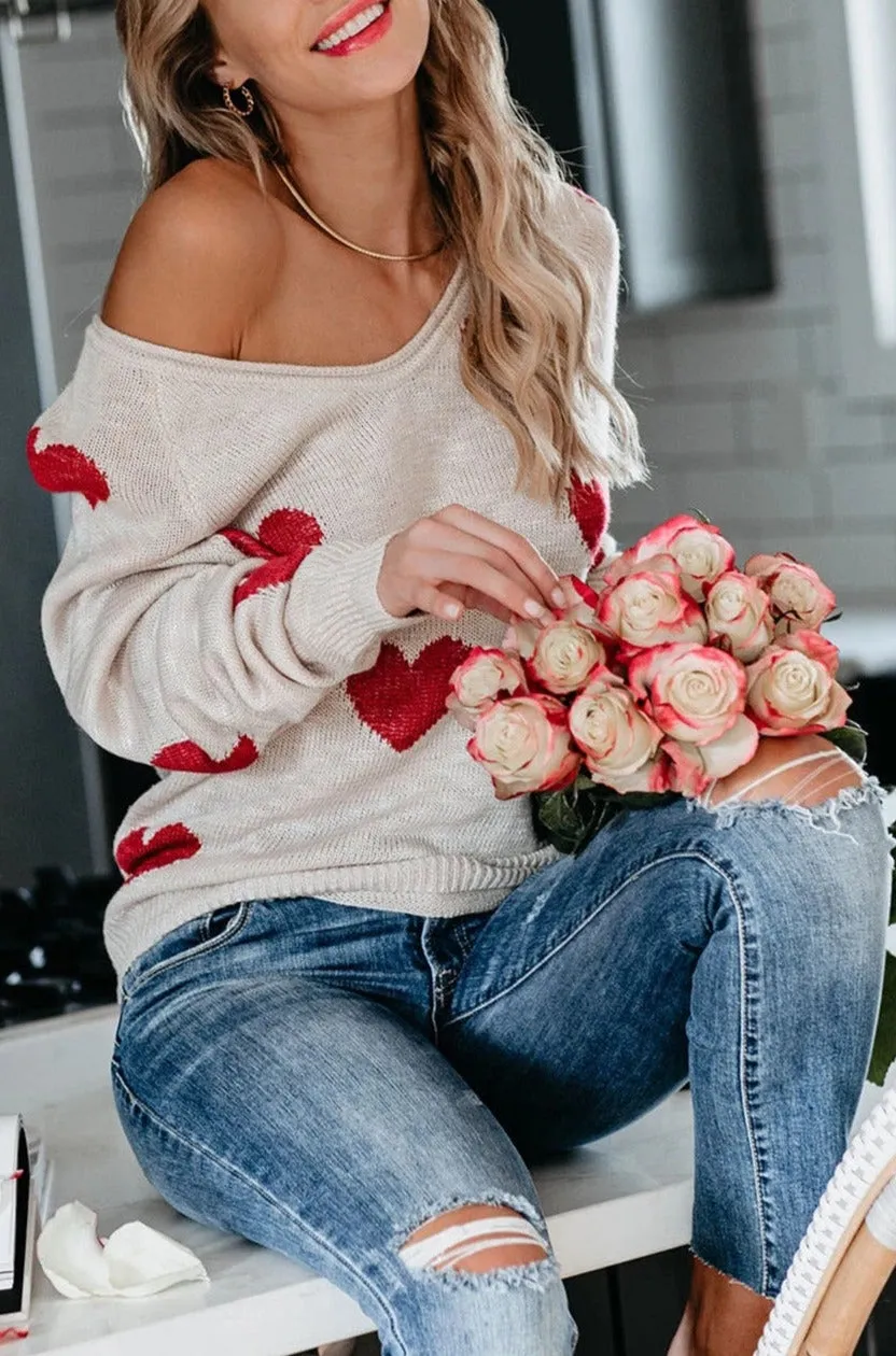 Women Valentine Heart Sweater V Neck Knit Pullover Sweater