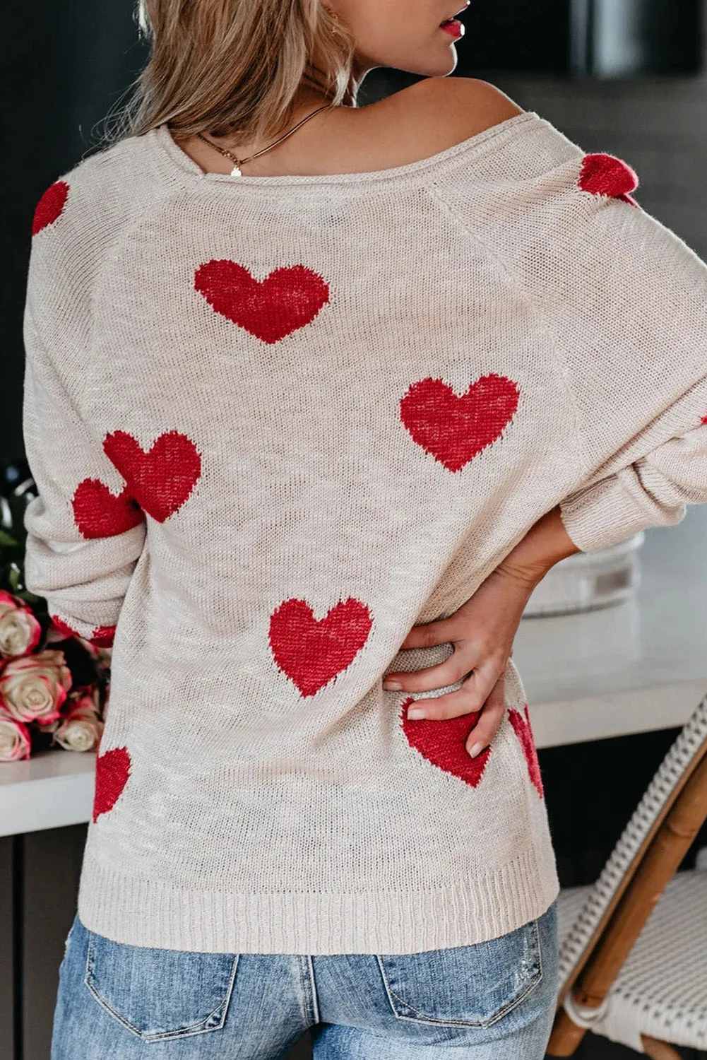 Women Valentine Heart Sweater V Neck Knit Pullover Sweater