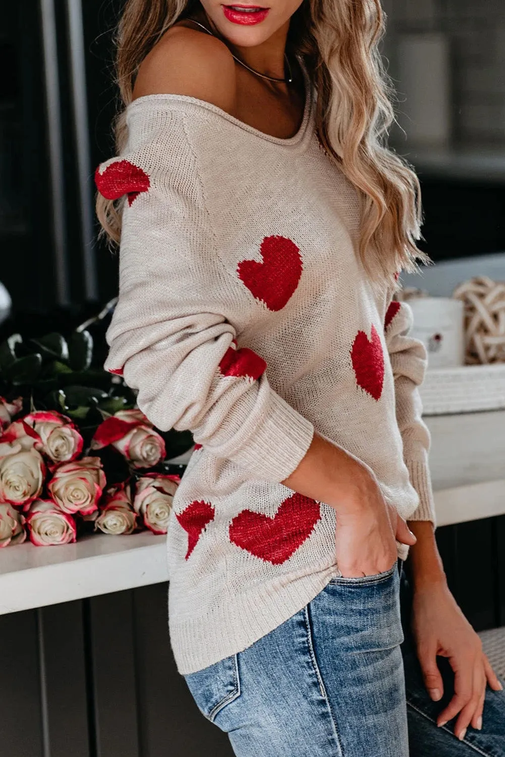 Women Valentine Heart Sweater V Neck Knit Pullover Sweater