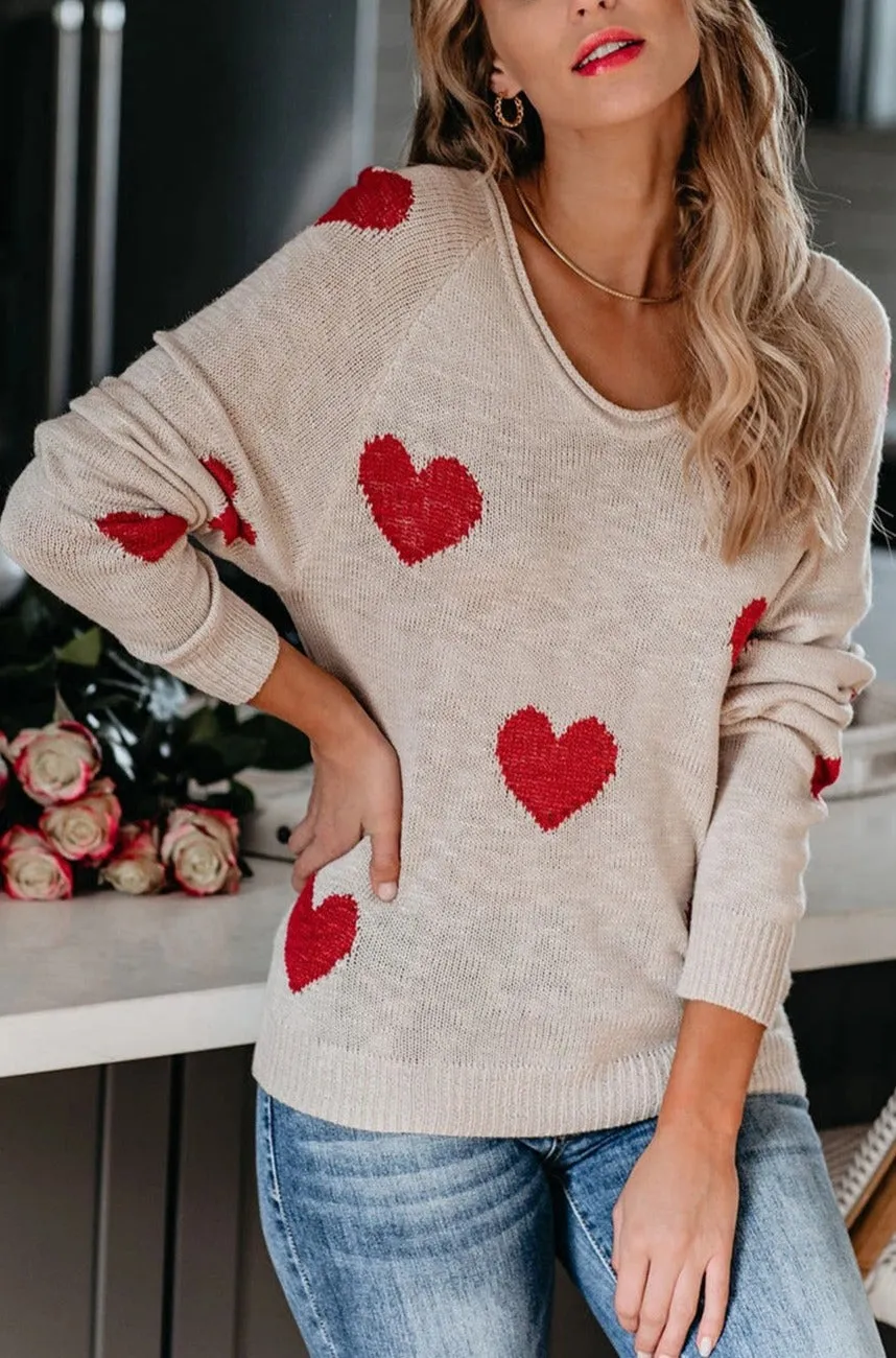 Women Valentine Heart Sweater V Neck Knit Pullover Sweater