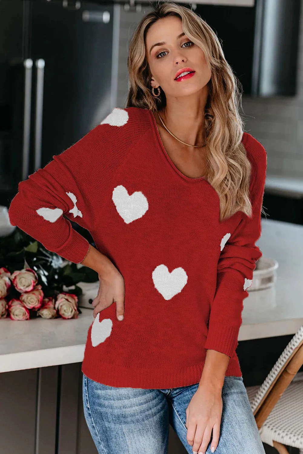 Women Valentine Heart Sweater V Neck Knit Pullover Sweater