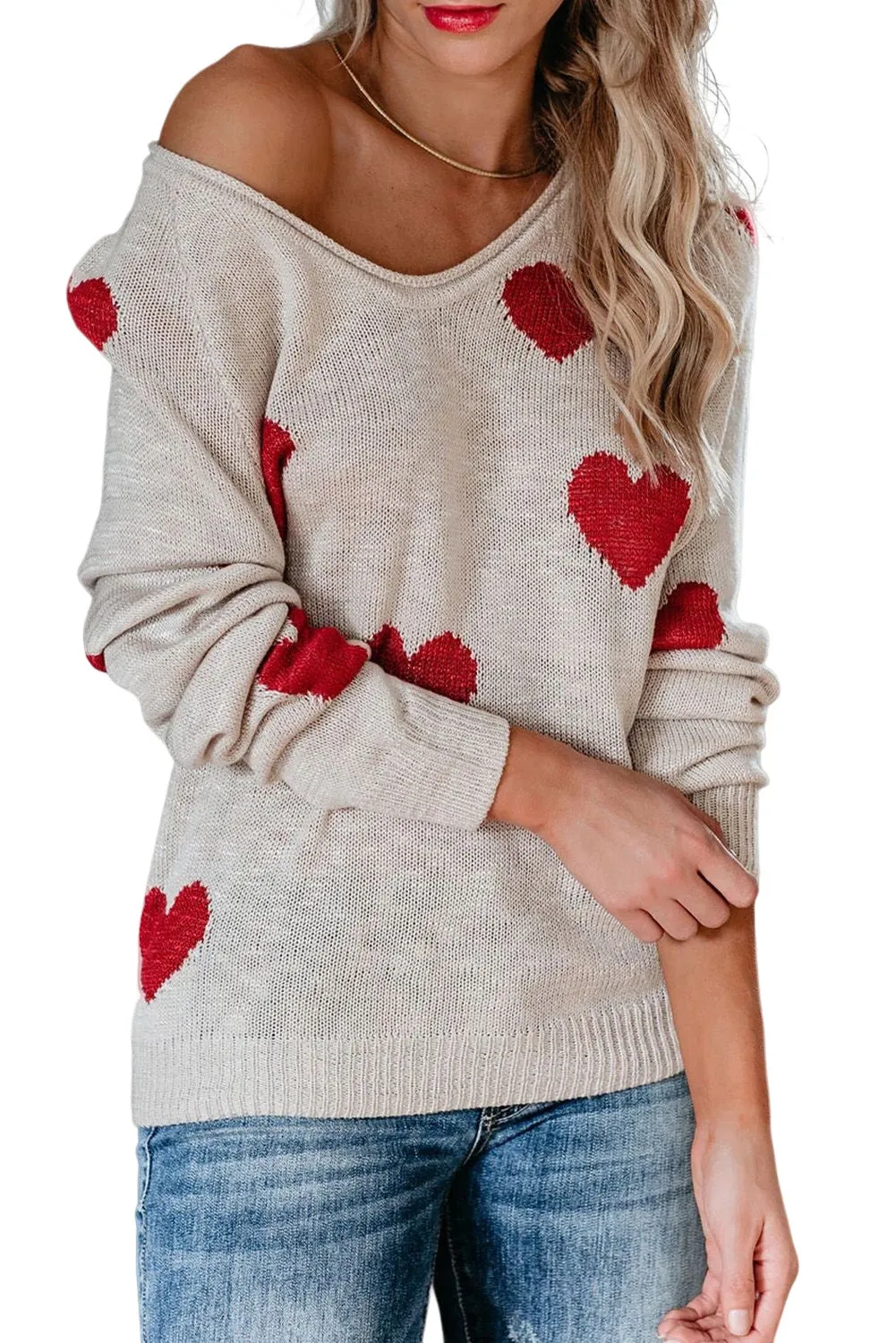 Women Valentine Heart Sweater V Neck Knit Pullover Sweater