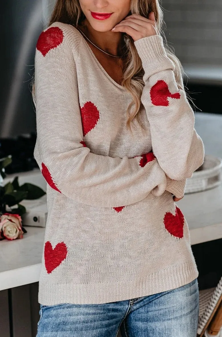 Women Valentine Heart Sweater V Neck Knit Pullover Sweater