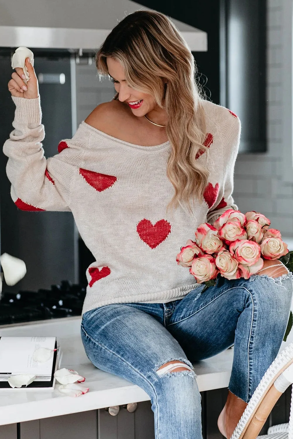 Women Valentine Heart Sweater V Neck Knit Pullover Sweater