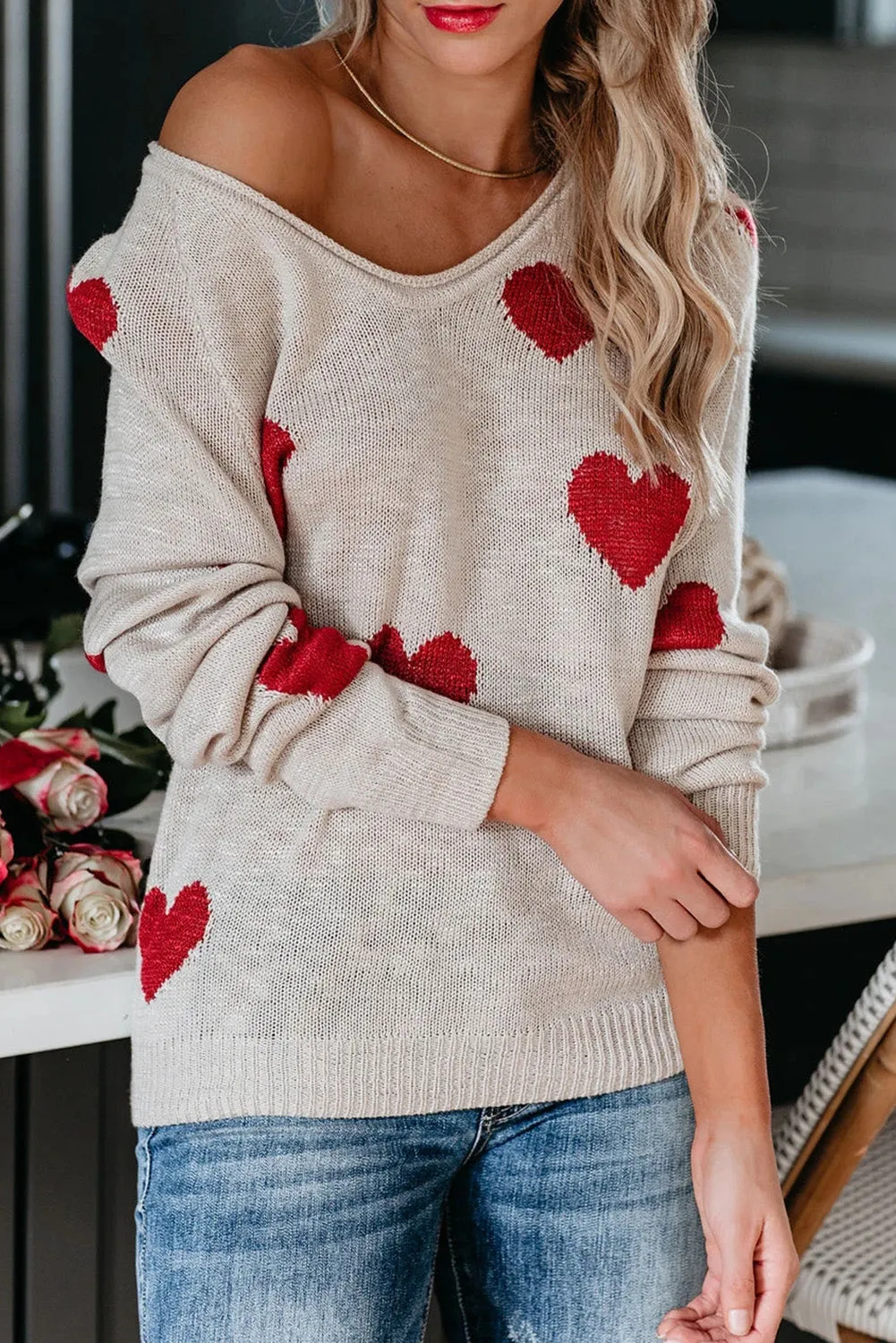 Women Valentine Heart Sweater V Neck Knit Pullover Sweater