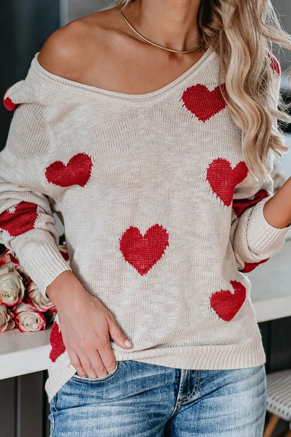 Women Valentine Heart Sweater V Neck Knit Pullover Sweater