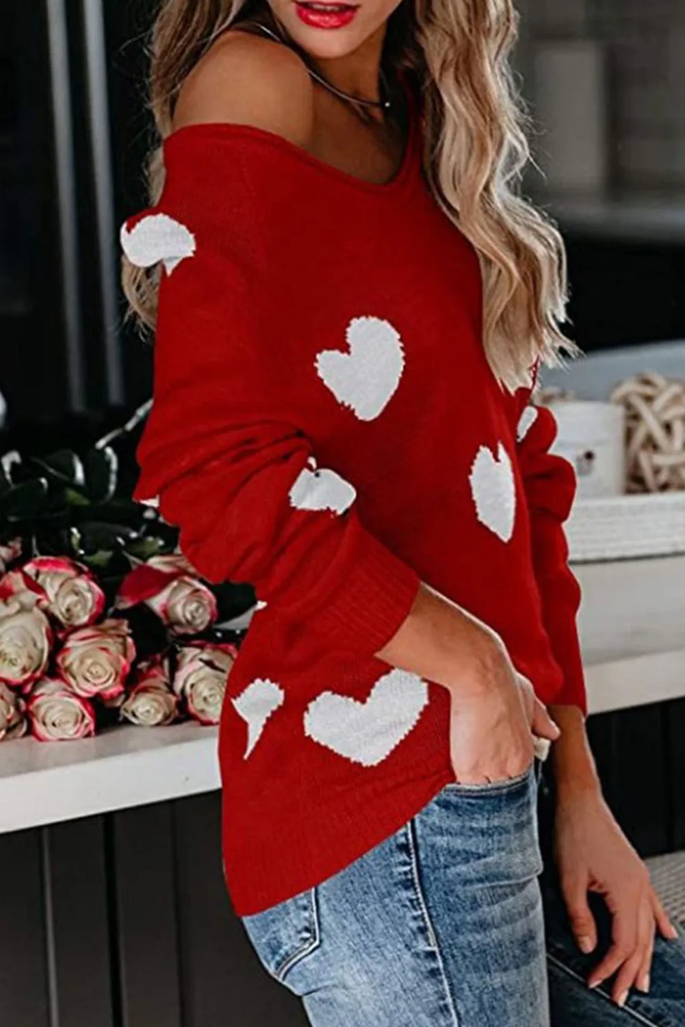 Women Valentine Heart Sweater V Neck Knit Pullover Sweater