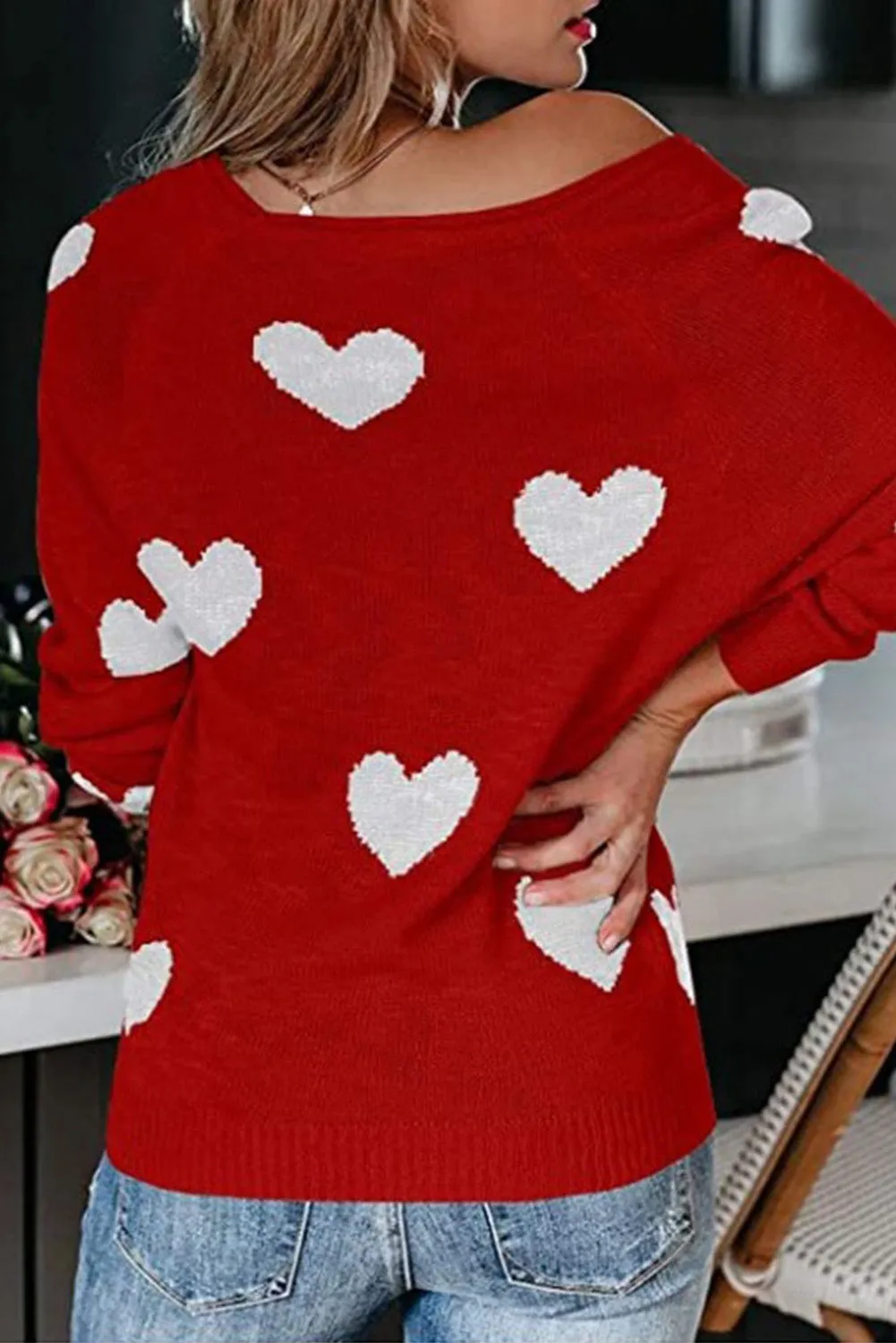 Women Valentine Heart Sweater V Neck Knit Pullover Sweater