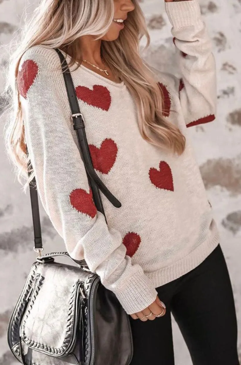 Women Valentine Heart Sweater V Neck Knit Pullover Sweater