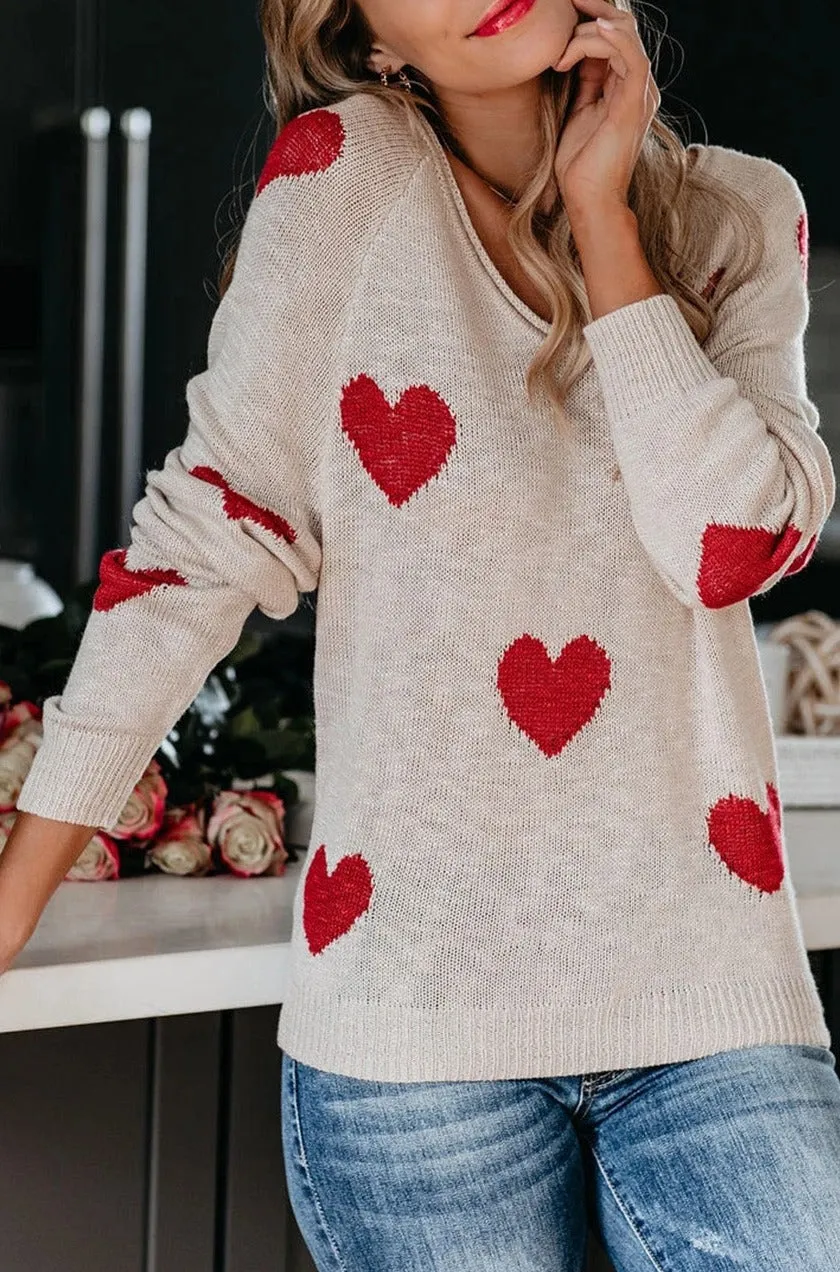 Women Valentine Heart Sweater V Neck Knit Pullover Sweater