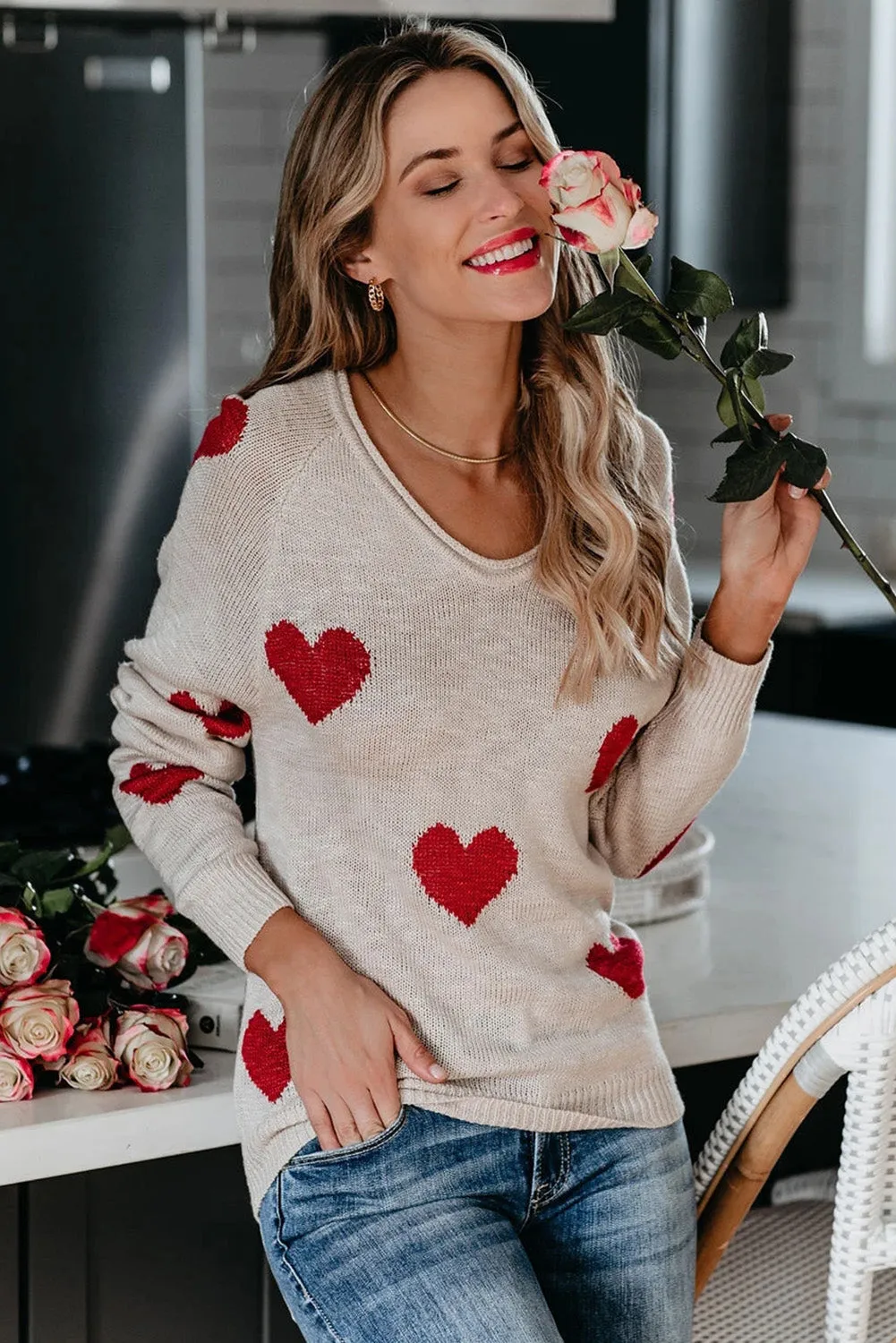 Women Valentine Heart Sweater V Neck Knit Pullover Sweater