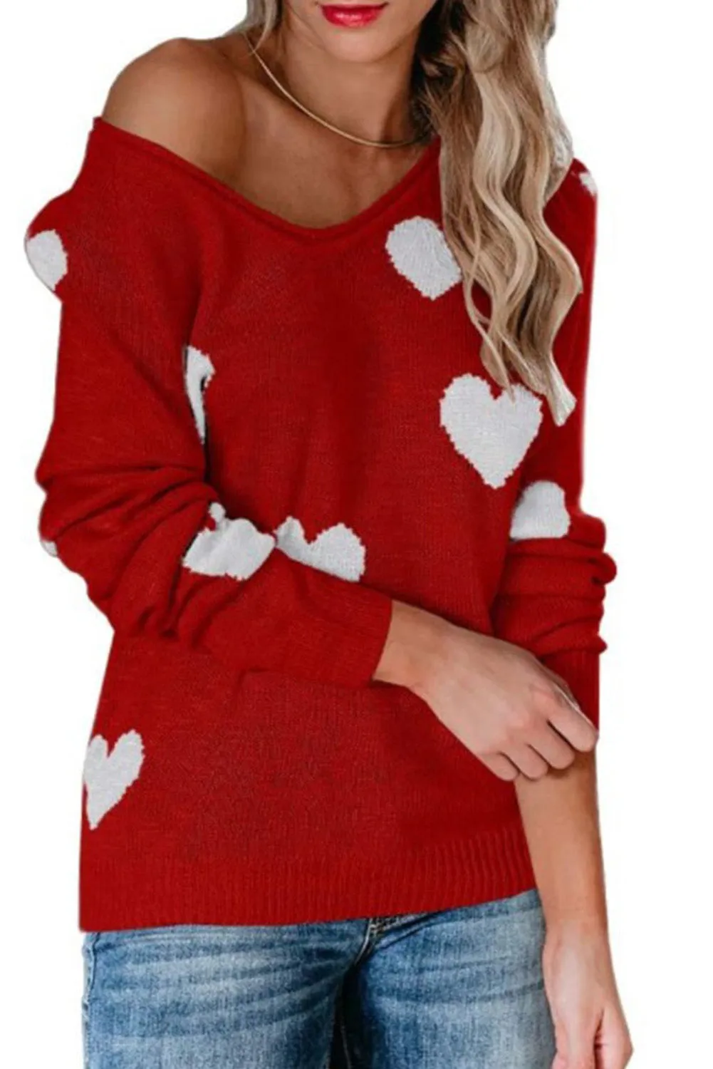 Women Valentine Heart Sweater V Neck Knit Pullover Sweater